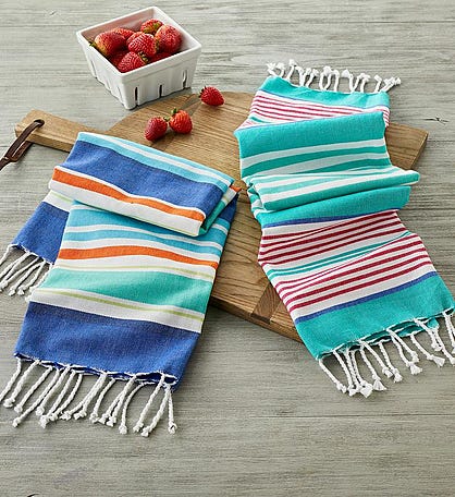 Striped Cotton Towels with Tassels - Set of 2